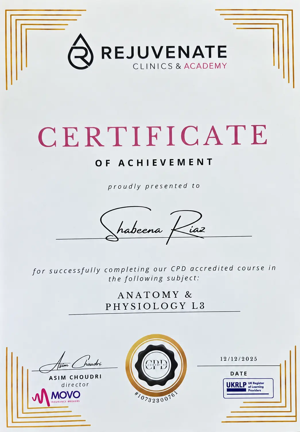 Anatomy & Physiology L3 certificate